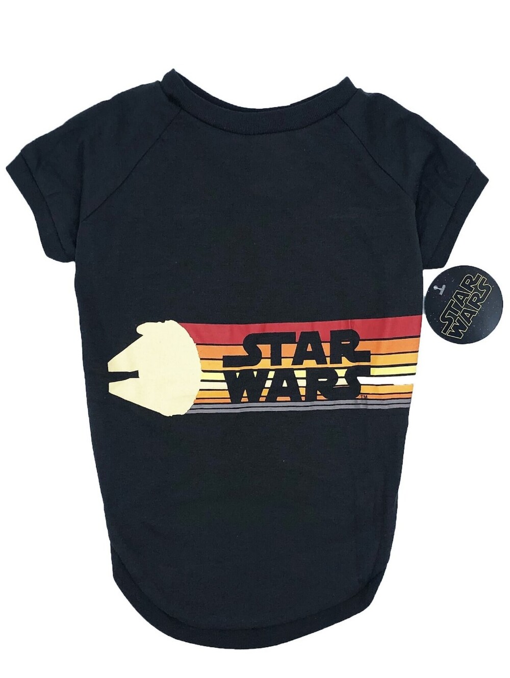 Star Wars Black Dog Tee with Retro Red-Orange-Yellow Stripe Graphic